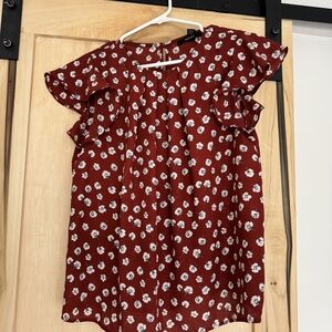 Ann Taylor Burgundy Floral Blouse with Ruffle Detail